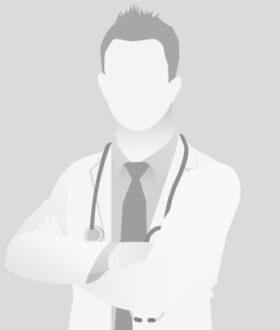 Default placeholder doctor half-length portrait photo avatar.  Gray color